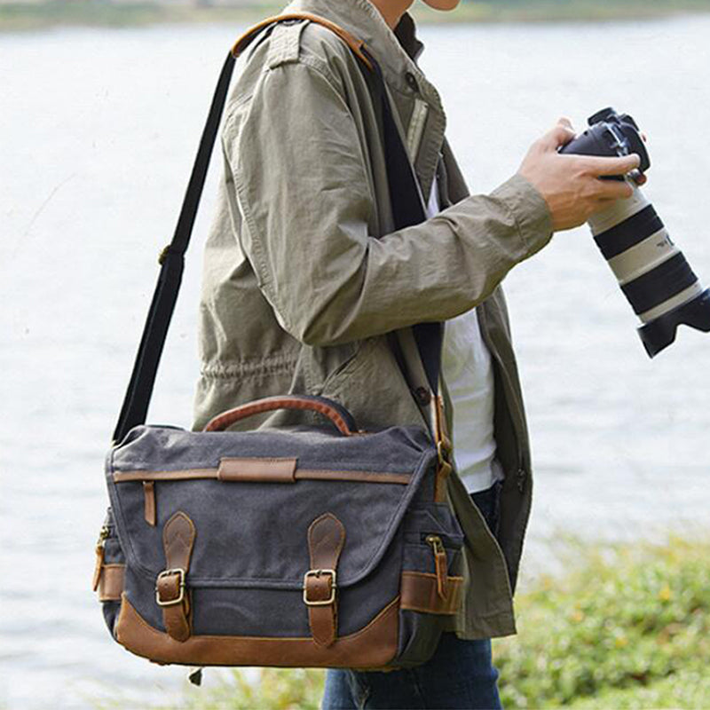 Leather With Canvas Camera Bag Waterproof DSLR Camera Bag Shoulder Messenger Bag QSM3035