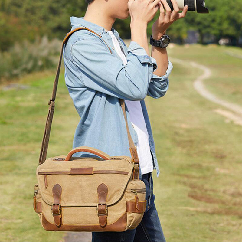 Leather With Canvas Camera Bag Waterproof DSLR Camera Bag Shoulder Messenger Bag QSM3035