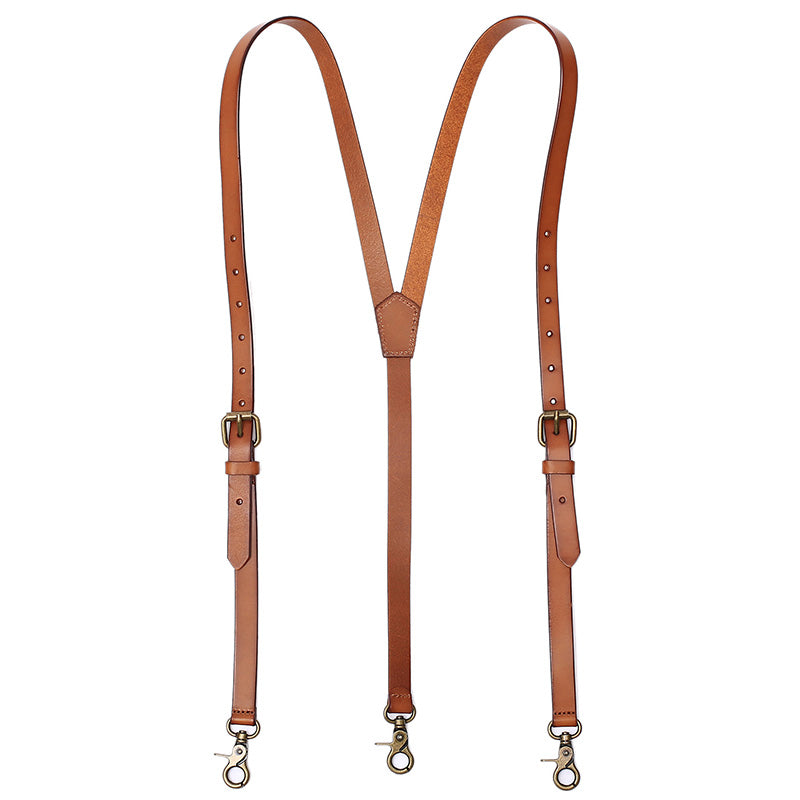 Tan Brown Leather Suspenders, Groomsmen Wedding Suspenders With Hook Clips